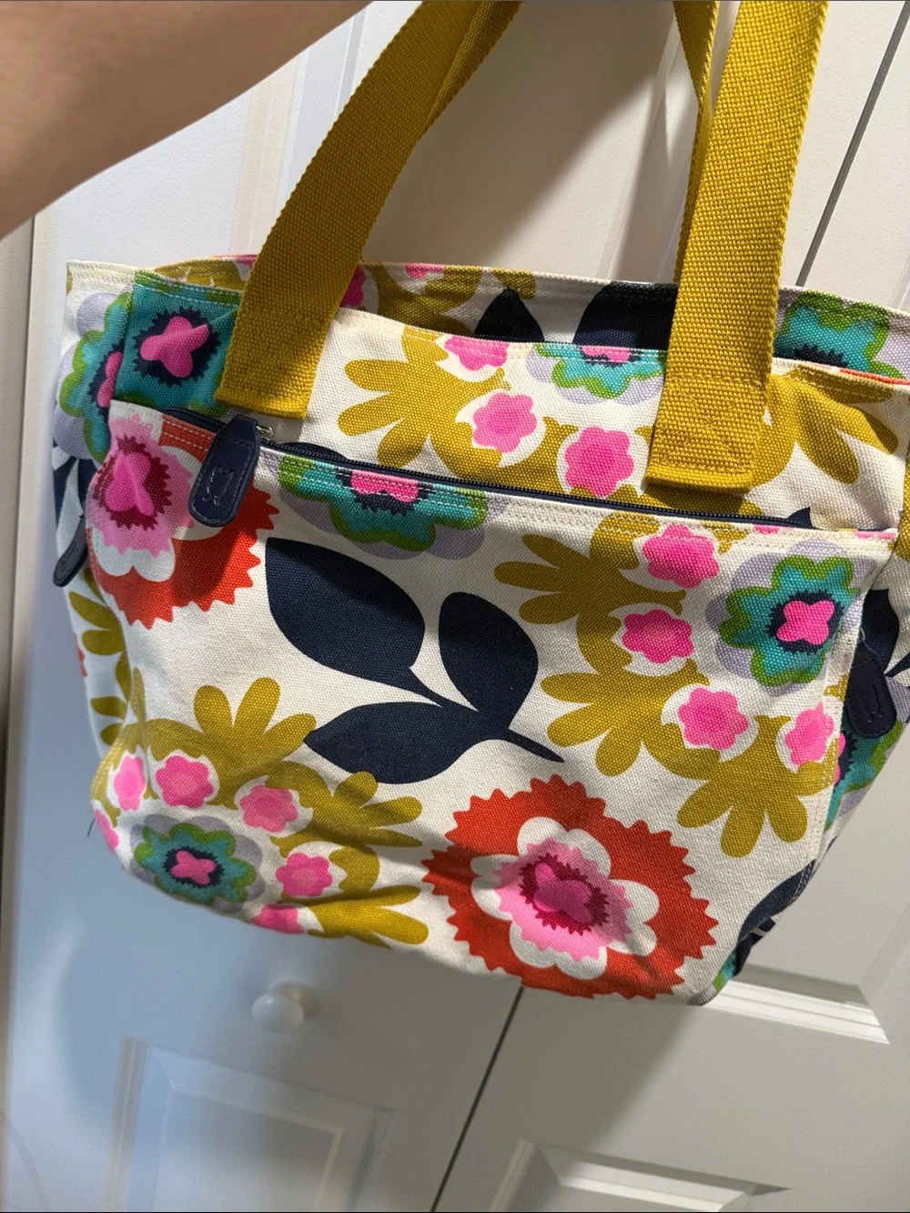 Floral Canvas Tote Bag with Mustard Handles